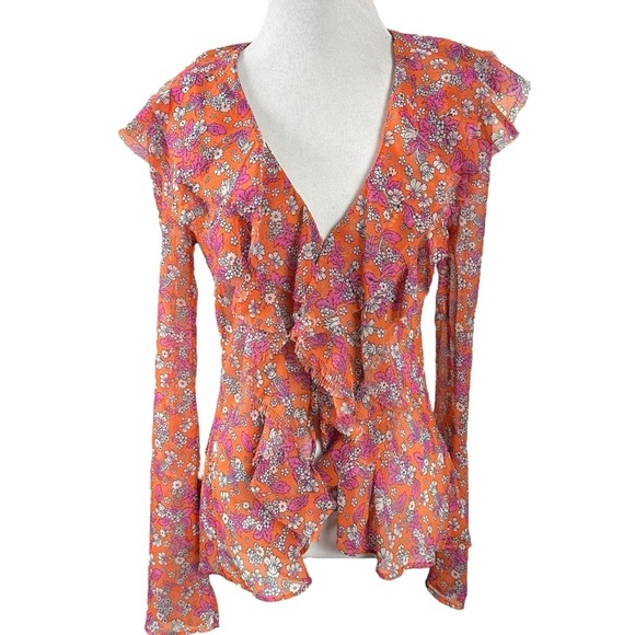 Free People Nina Printed Top Tulips XS Ditsy Floral V Neck Plunge Ruffles Sheer - Picture 15 of 15